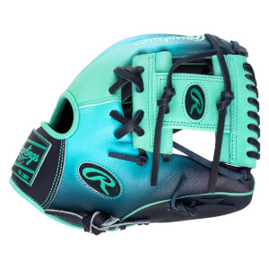 Side view of a teal and navy Rawlings baseball glove with a "Rawlings Est. 1887" patch and a green "R" logo.
