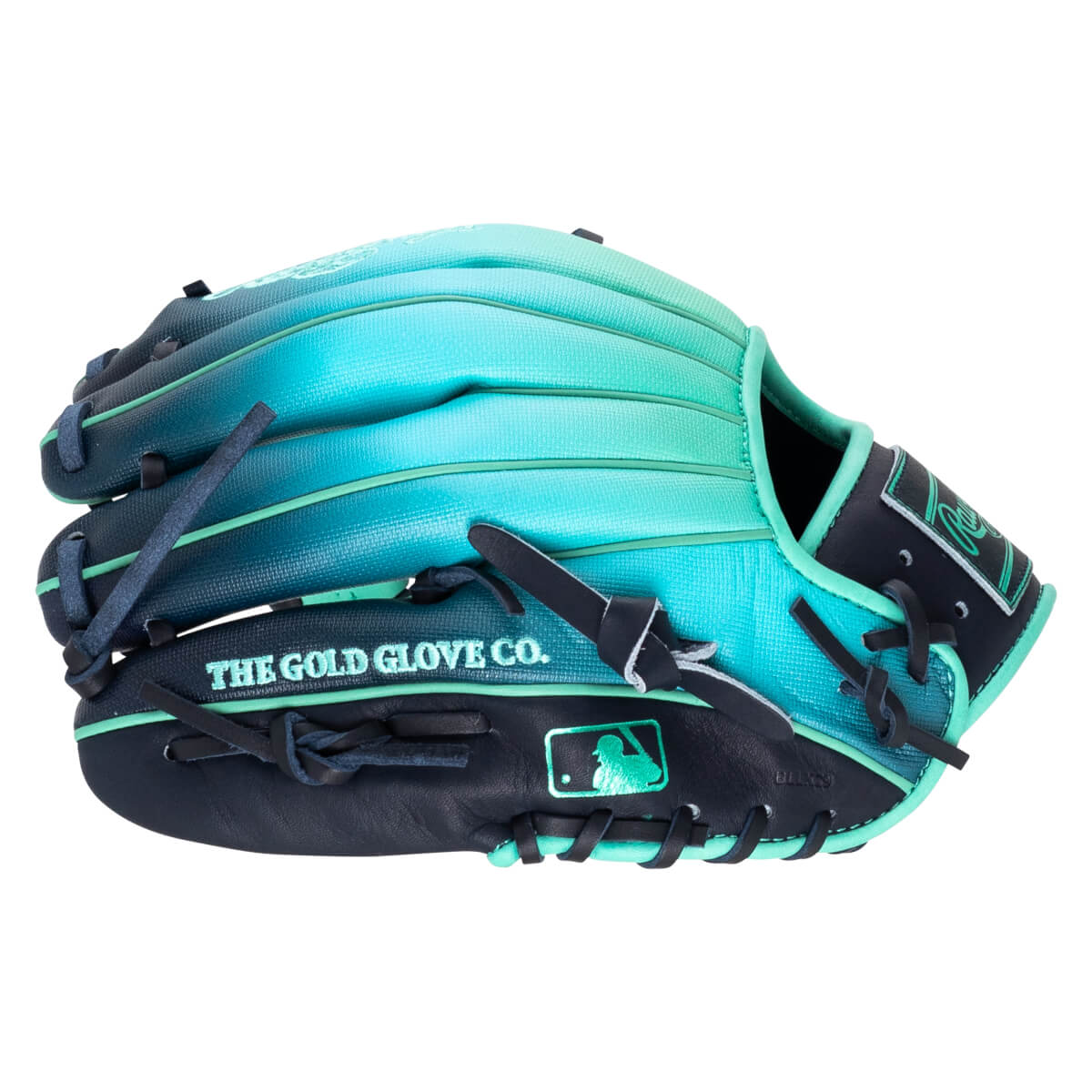 Side view of a baseball glove with a teal to dark blue gradient, featuring "THE GOLD GLOVE CO." text and an MLB logo.