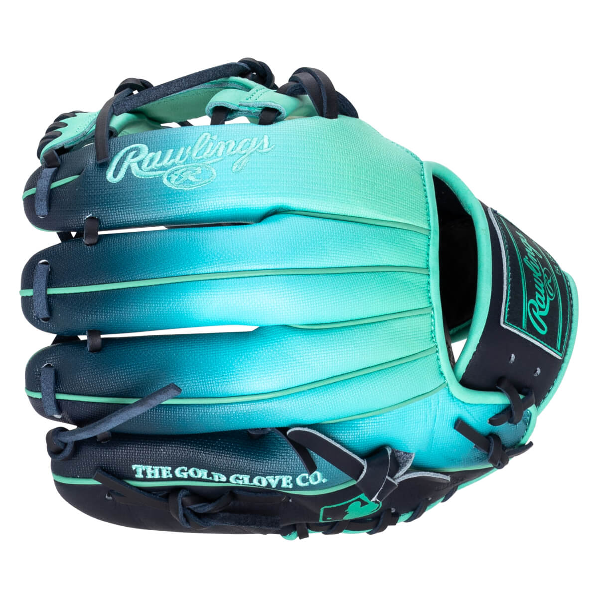 Front view of a baseball glove with a teal to dark blue gradient, featuring "Rawlings" and "THE GOLD GLOVE CO." text.