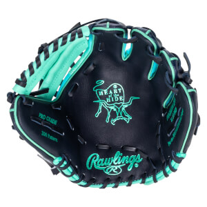 Inside view of a navy baseball glove with teal accents, showing the "Heart of the Hide" logo and "Rawlings" script.