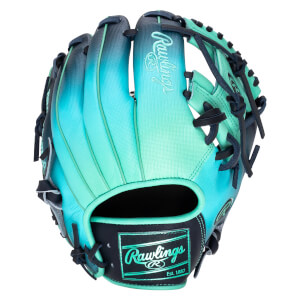 Top-down view of a teal and navy ombre Rawlings baseball glove with a "Rawlings Est. 1887" patch.