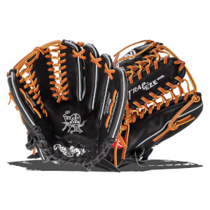 Front view of a black Rawlings baseball glove with tan laces and a Trap-Eze web, featuring the Heart of the Hide logo and Trap-Eze Model text.