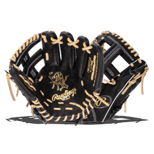 Angled front view of a black Rawlings Heart of the Hide baseball glove with tan laces and gold HEART of the HIDE and Rawlings text stamped on the palm.