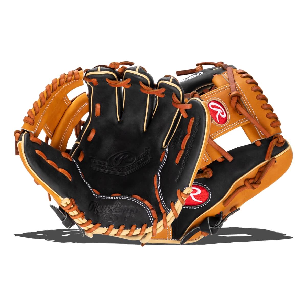 Front view of a black and tan baseball glove with Rawlings branding and tan lacing.