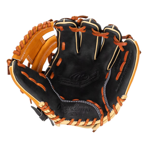 Front view of a black baseball glove with tan lacing and a Rawlings logo.