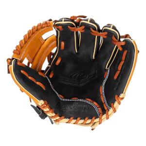 Front view of a black baseball glove with tan lacing and a Rawlings logo.