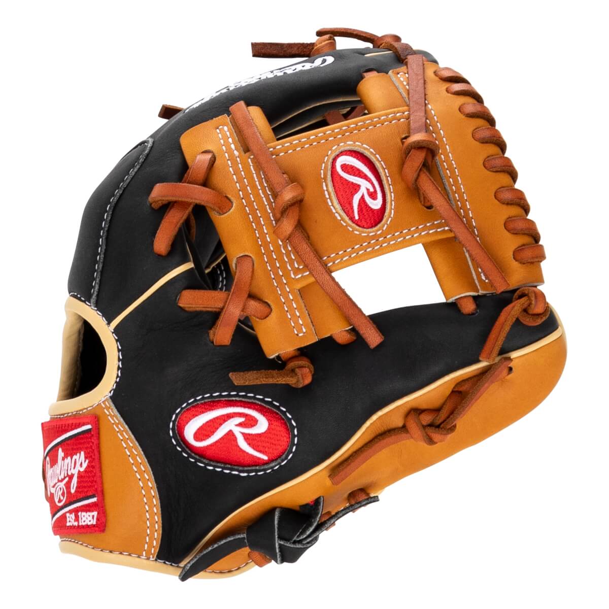 Front view of a black and tan baseball glove with Rawlings branding and white stitching.