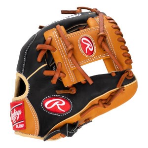 Front view of a black and tan baseball glove with Rawlings branding and white stitching.