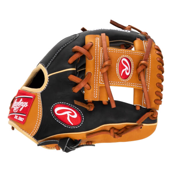 Side view of a black and tan baseball glove with red Rawlings logos and tan lacing.