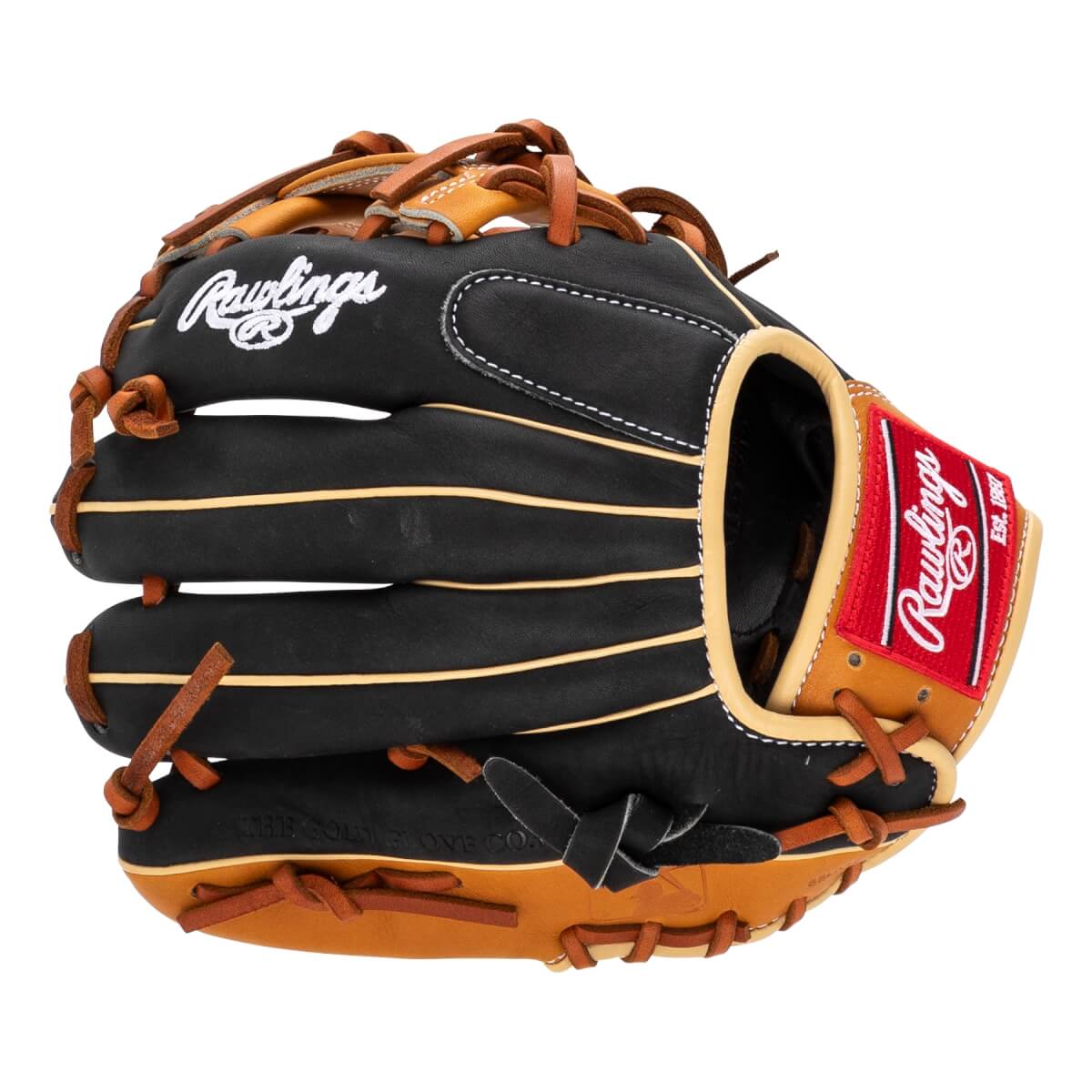 Front view of a black baseball glove with tan lacing and a red Rawlings logo patch.