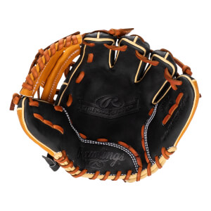 Front view of a black baseball glove with tan lacing and Rawlings logo.