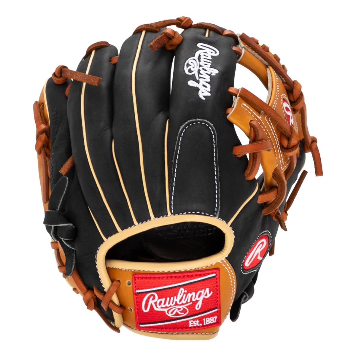 Front view of a black baseball glove with tan accents and a red Rawlings logo patch.