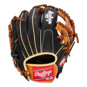 Front view of a black baseball glove with tan accents and a red Rawlings logo patch.