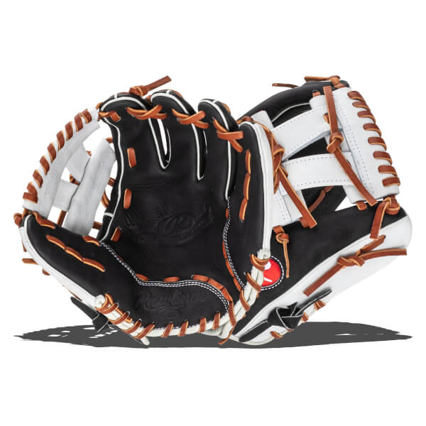 Angled view of a black and white Rawlings baseball glove with brown lacing and a red logo.