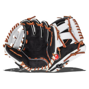 Angled view of a black and white Rawlings baseball glove with brown lacing and a red logo.
