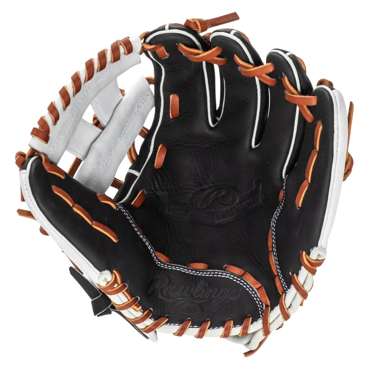 Top-down view of a black Rawlings baseball glove with white accents and brown lacing.