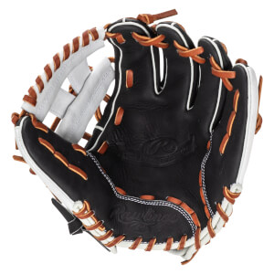 Top-down view of a black Rawlings baseball glove with white accents and brown lacing.