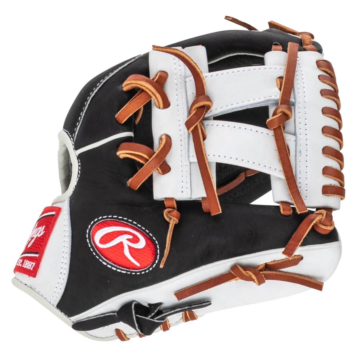Front view of a black and white baseball glove with brown lacing and a red Rawlings logo.