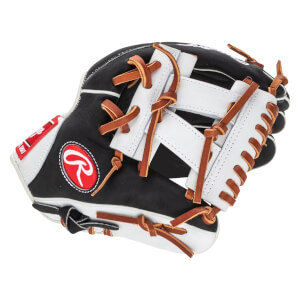 Side view of a black and white baseball glove with brown lacing and a red Rawlings logo.