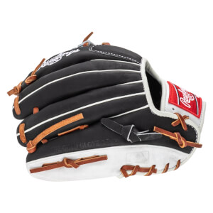 Side view of a black baseball glove with white stitching, brown laces, and a red Rawlings patch.