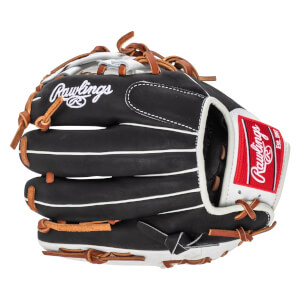 Front view of a black Rawlings baseball glove with white stitching and a red logo patch.