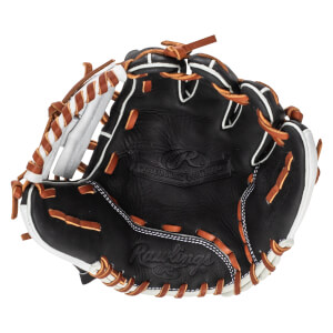Top-down view of a black Rawlings baseball glove with brown lacing and white accents.