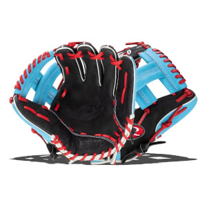 Front view of a black baseball glove with light blue accents and red lacing.