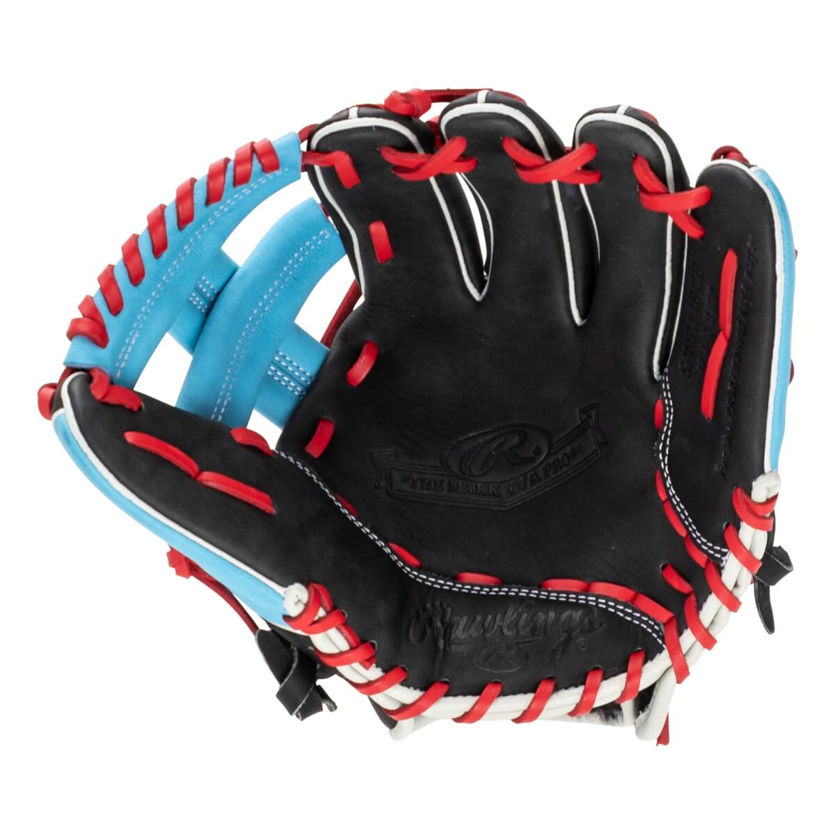 Front view of a black baseball glove with red lacing and a light blue interior.