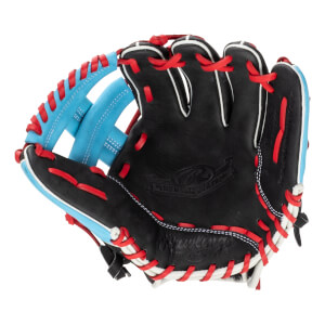 Front view of a black baseball glove with red lacing and a light blue interior.
