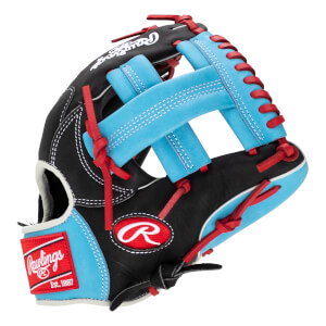 Front view of a black baseball glove with light blue accents, red lacing, and a Rawlings logo.