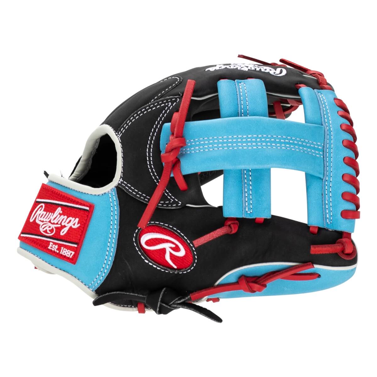Side view of a black baseball glove with light blue accents, red lacing, and a white Rawlings logo.