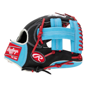 Side view of a black baseball glove with light blue accents, red lacing, and a white Rawlings logo.