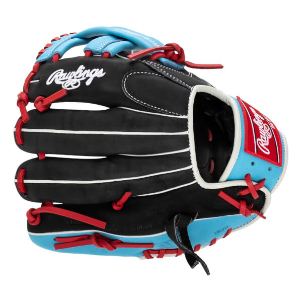Front view of a black baseball glove with light blue accents and red lacing.