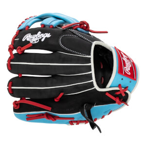 Front view of a black baseball glove with light blue accents and red lacing.