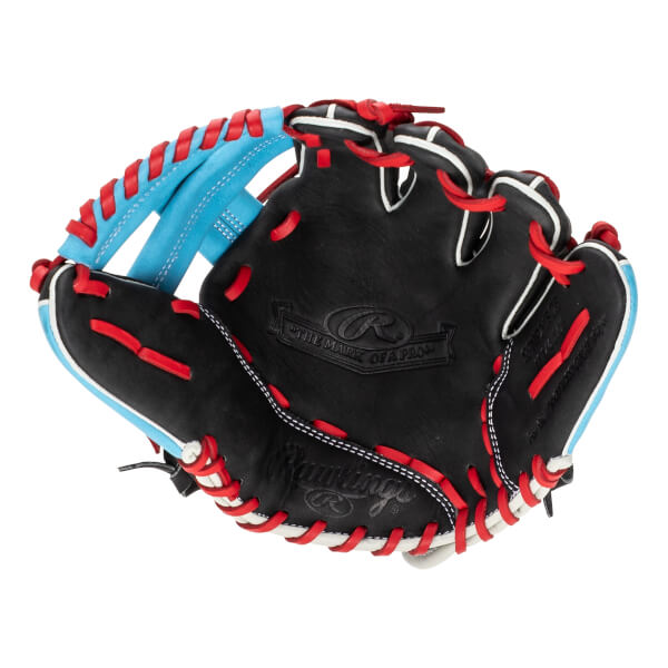 Front view of a black baseball glove with red and blue accents and Rawlings branding.