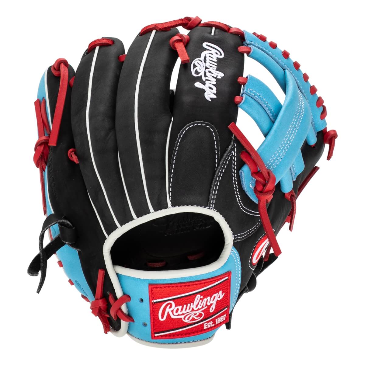 Front view of a black baseball glove with light blue and red accents, featuring Rawlings branding.