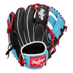 Front view of a black baseball glove with light blue and red accents, featuring Rawlings branding.