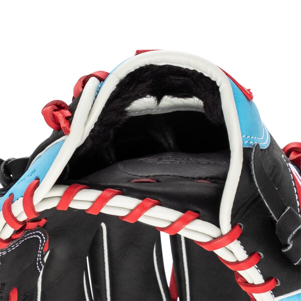 Close-up of a black baseball glove with red lacing, white trim, and light blue accents.