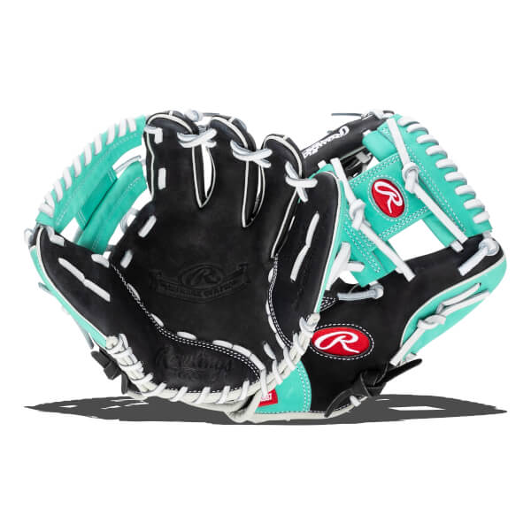Front view of black and teal baseball glove with white stitching and red Rawlings logos.