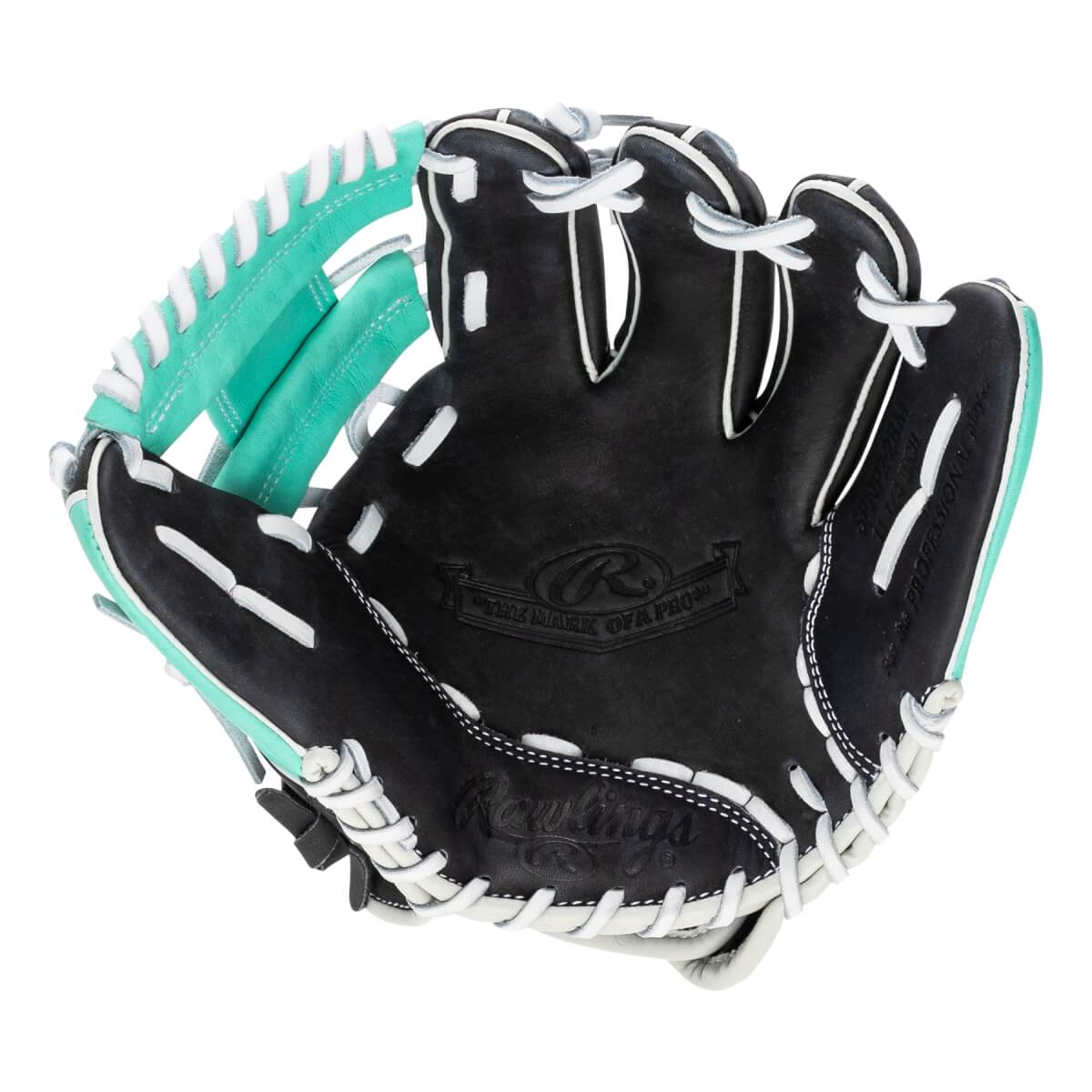 Top-down view of a black baseball glove with teal accents and white lacing.