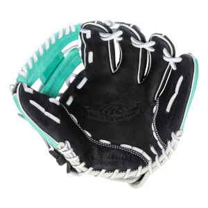 Top-down view of a black baseball glove with teal accents and white lacing.