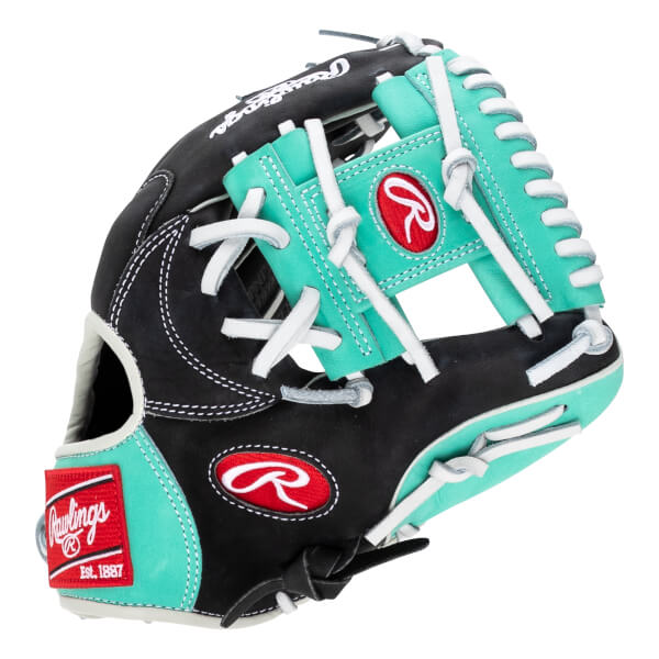 Front view of a black baseball glove with teal accents and white lacing.