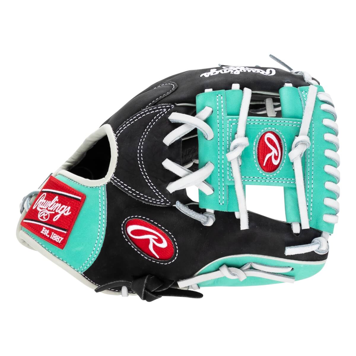 Side view of a black baseball glove with teal accents, white lacing, and red Rawlings logos.