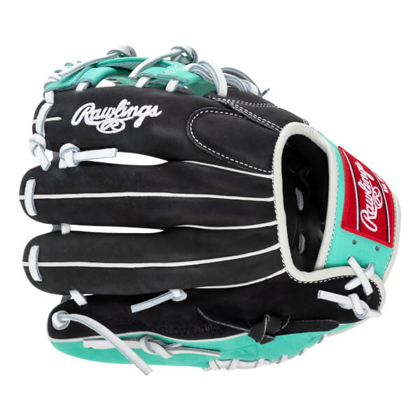 Front view of a black baseball glove with white stitching and teal accents.