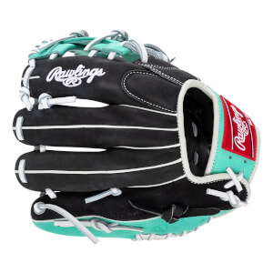 Front view of a black baseball glove with white stitching and teal accents.