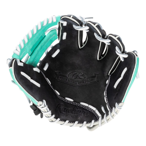 Top-down view of a black baseball glove with teal accents and white stitching.