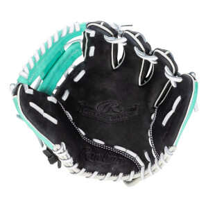 Top-down view of a black baseball glove with teal accents and white stitching.