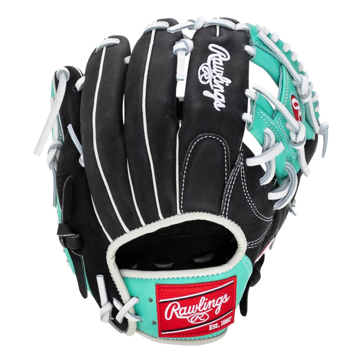 Front view of a black baseball glove with teal accents and white stitching.