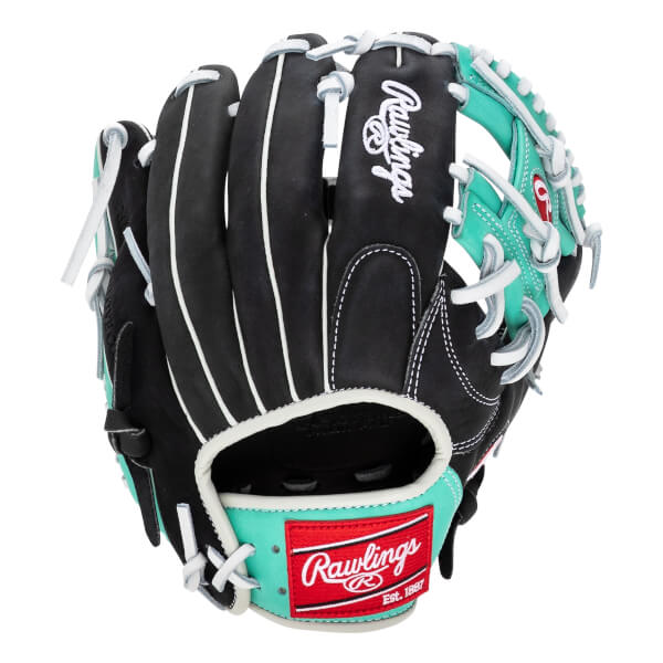 Front view of a black baseball glove with teal accents and white stitching.