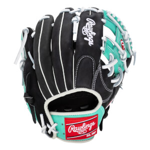 Front view of a black baseball glove with teal accents and white stitching.